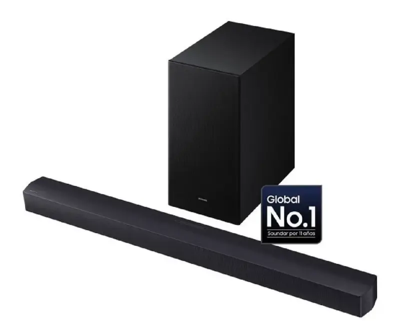 Barra de sonido negra con subwoofer