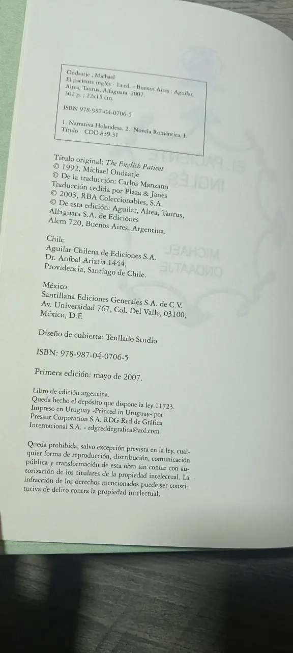 Libro "El Paciente Inglés" - Michael Ondaatje (Edi - 3