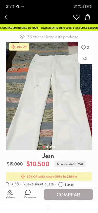 Jeans blancos Talla 38 - miniatura 1