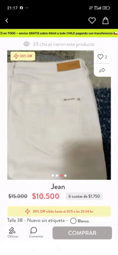 Jeans blancos Talla 38 - miniatura 2