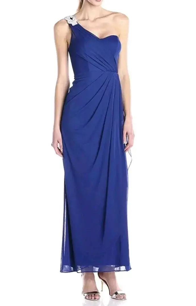 Vestido largo azul un hombro - 1