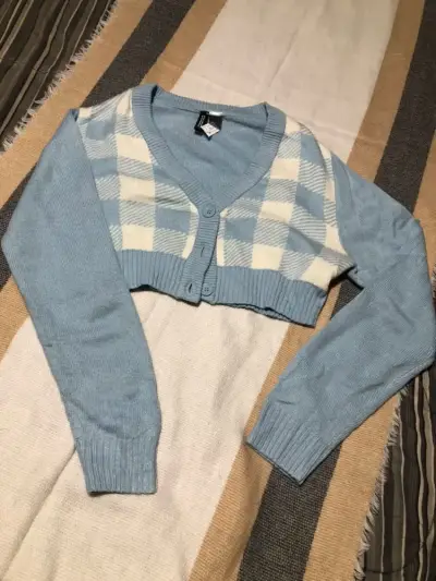 Cardigan corto celeste a cuadros - miniatura 1