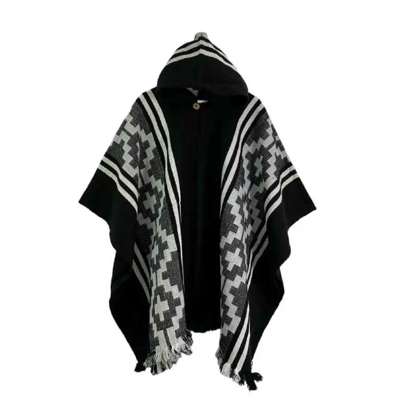 Poncho lana de alpacon capucha etnico gris y negro - 1