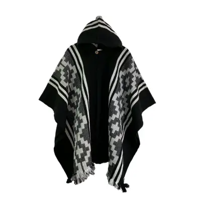 Poncho lana de alpacon capucha etnico gris y negro - miniatura 1