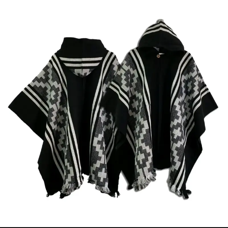 Poncho lana de alpacon capucha etnico gris y negro - 2