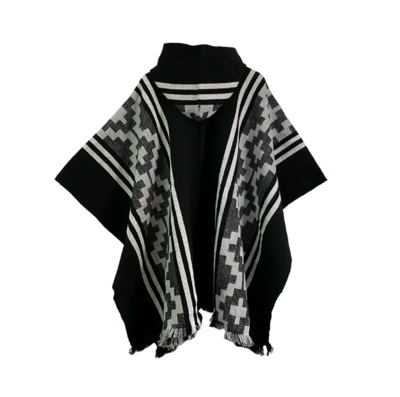 Poncho lana de alpacon capucha etnico gris y negro - 3
