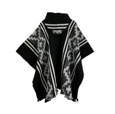 Poncho lana de alpacon capucha etnico gris y negro - miniatura 3