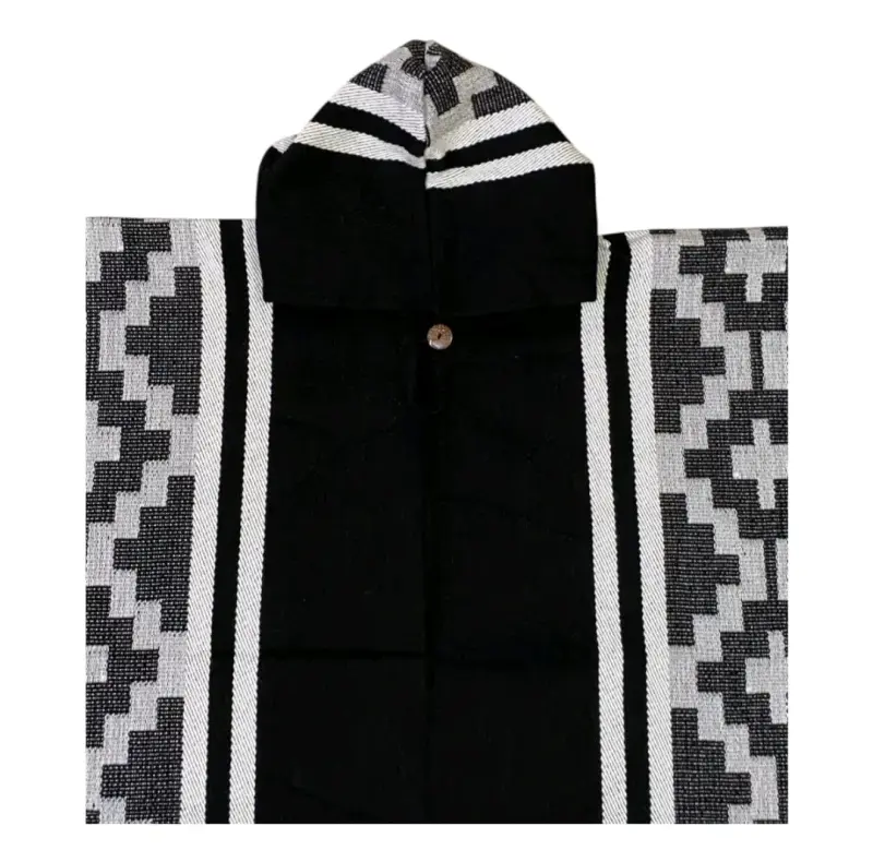 Poncho lana de alpacon capucha etnico gris y negro - 4