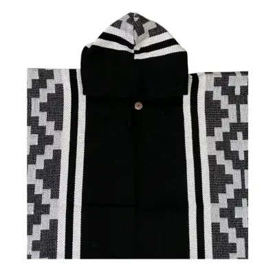 Poncho lana de alpacon capucha etnico gris y negro - miniatura 4