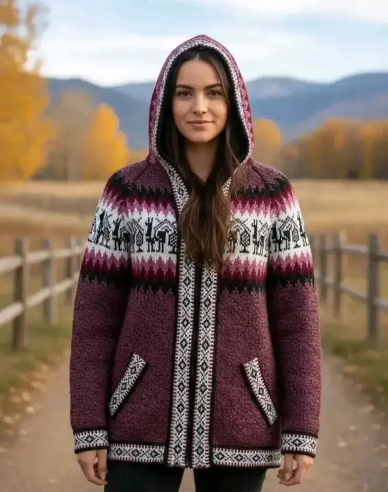 Poleron lana de alpaca con capucha y diseño étnico - 1