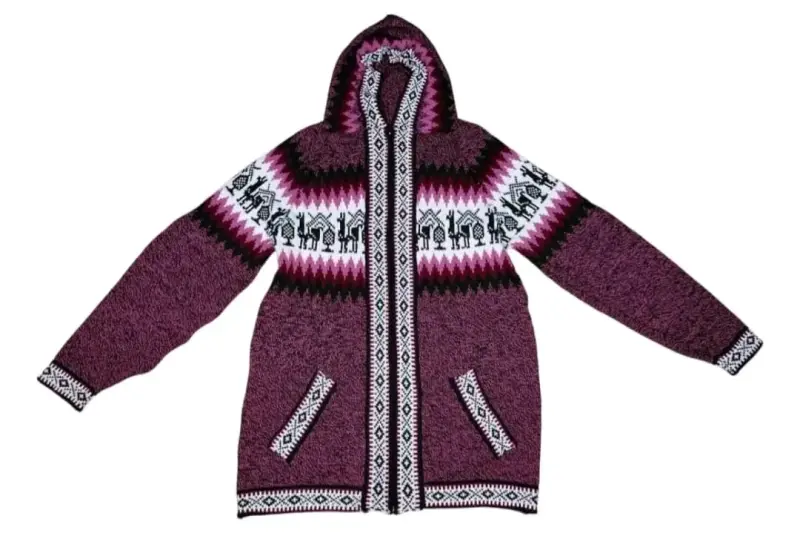 Poleron lana de alpaca con capucha y diseño étnico - 2