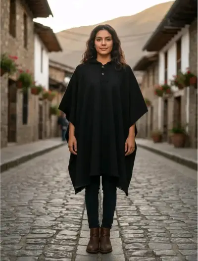 Poncho lana de alpaca negro con capucha - miniatura 4