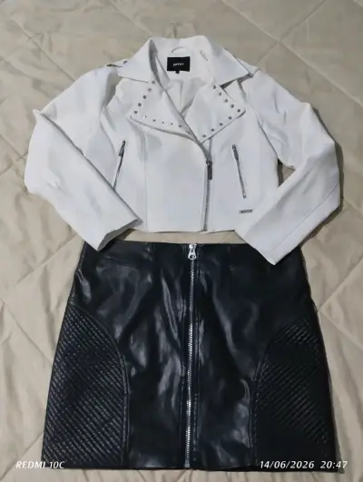 Chaqueta blanca + falda cuero - miniatura 1