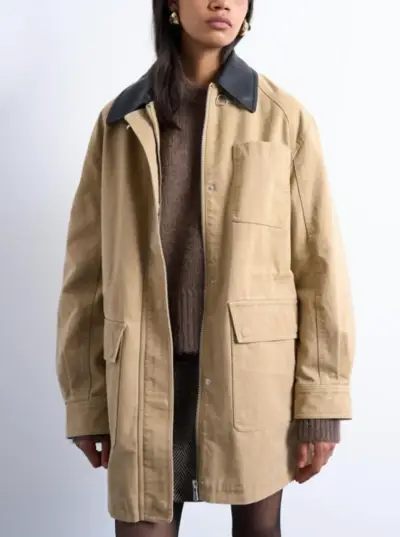 Chaqueta-abrigo topshop beige con cuello negro - miniatura 1