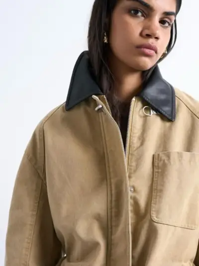 Chaqueta-abrigo topshop beige con cuello negro - miniatura 2