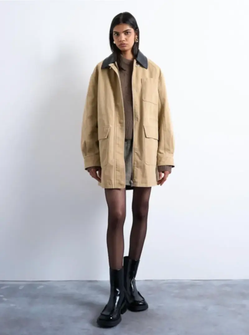 Chaqueta-abrigo topshop beige con cuello negro - 4
