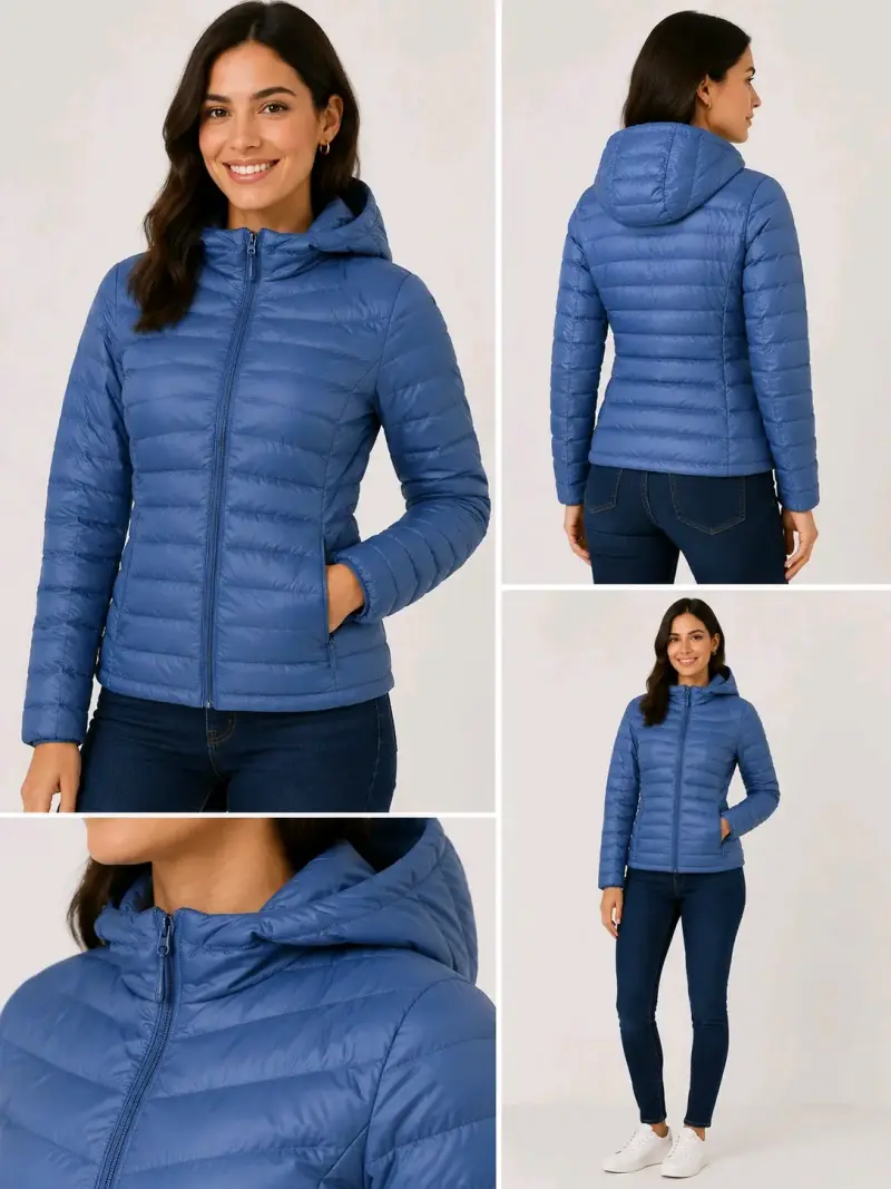 Chaqueta de plumas azul jeans con capucha talla S