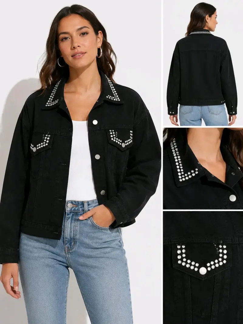 Chaqueta jeans negra tachas con strass talla L - 1