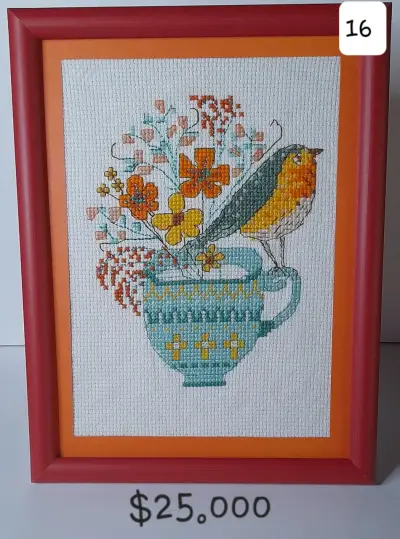 Cuadro bordado pajarito taza - miniatura 1
