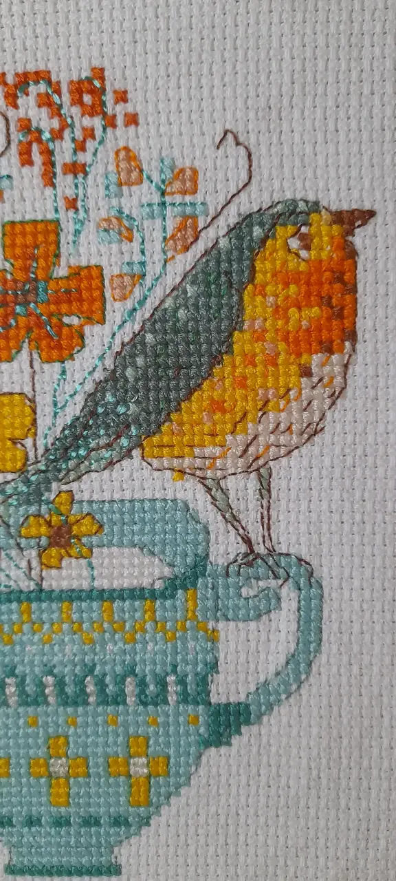 Cuadro bordado pajarito taza - 5