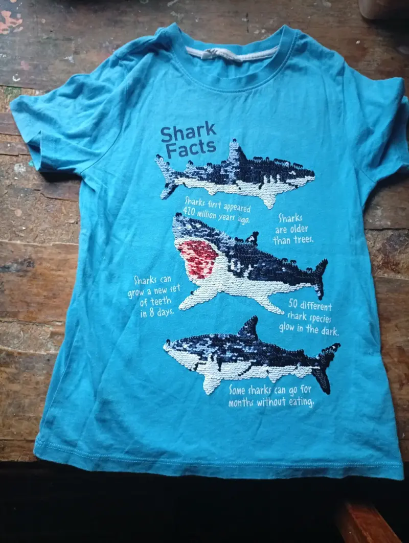 Polera azul con diseño de tiburóny super héroes - 2