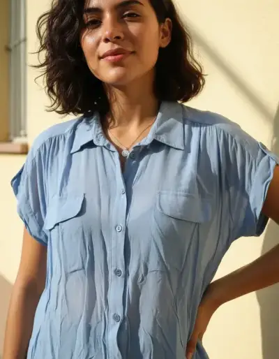 Blusa celeste claro con bolsillos - miniatura 1
