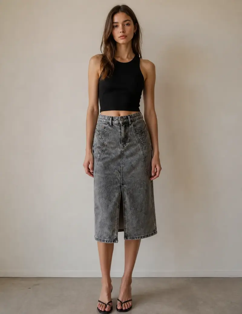 Falda midi de mezclilla gris - 1