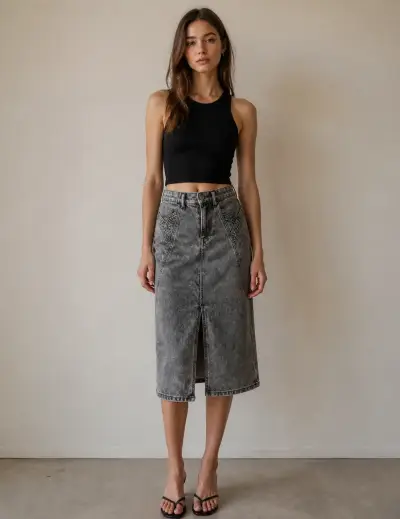 Falda midi de mezclilla gris - miniatura 1