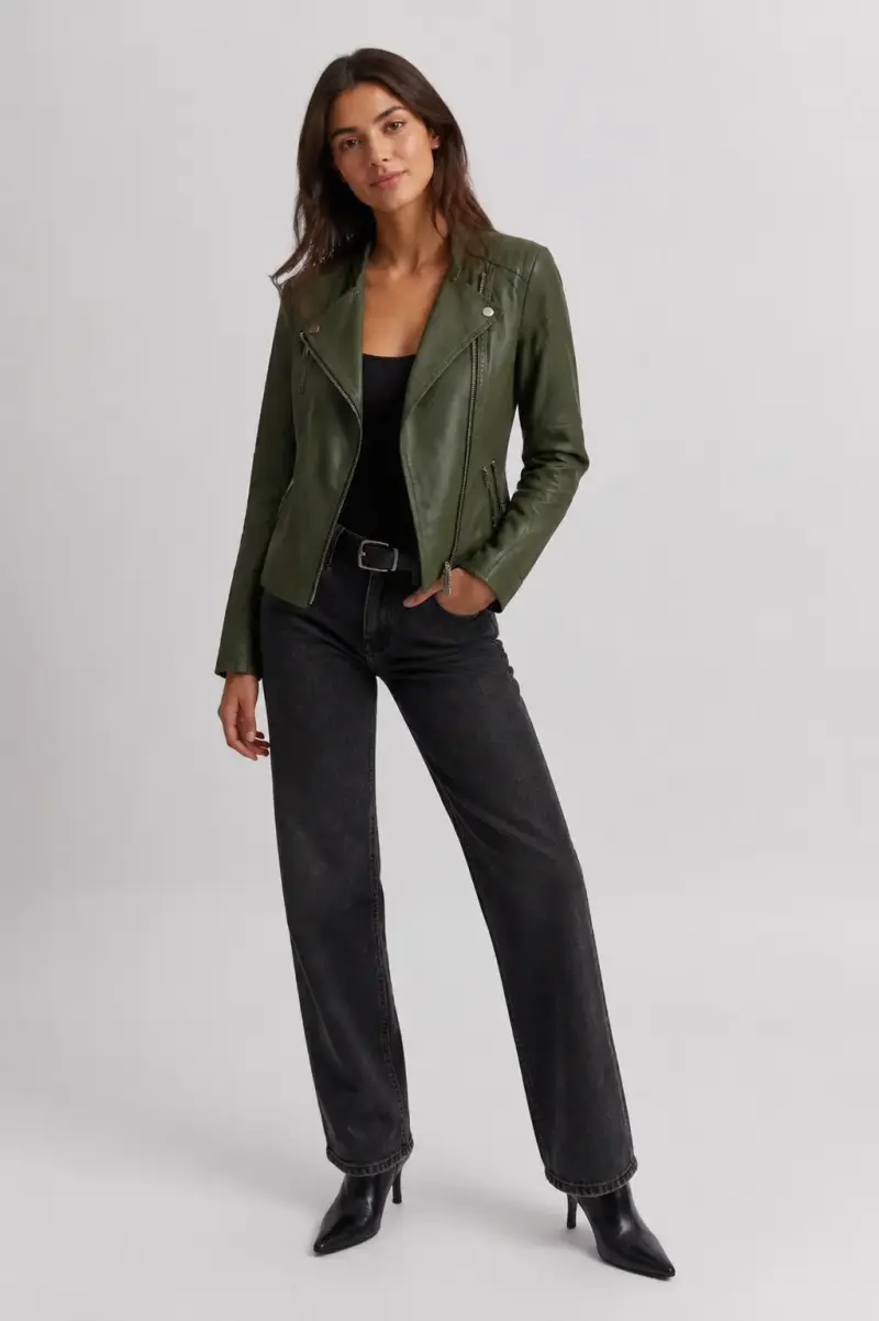 Chaqueta ecocuero verde olivo estilo moto - 1