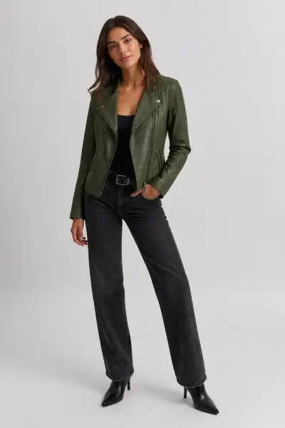 Chaqueta ecocuero  verde olivo estilo moto - miniatura 1