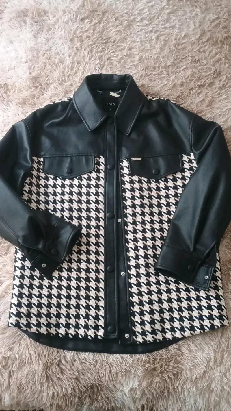 Chaqueta de ecocuero y pata de gallo oversise - 1