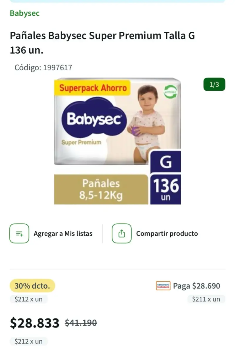 Pañales Babysec Super Premium G 136 unidades