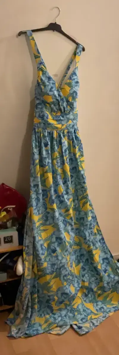 Vestido largo floral azul y amarillo - miniatura 1