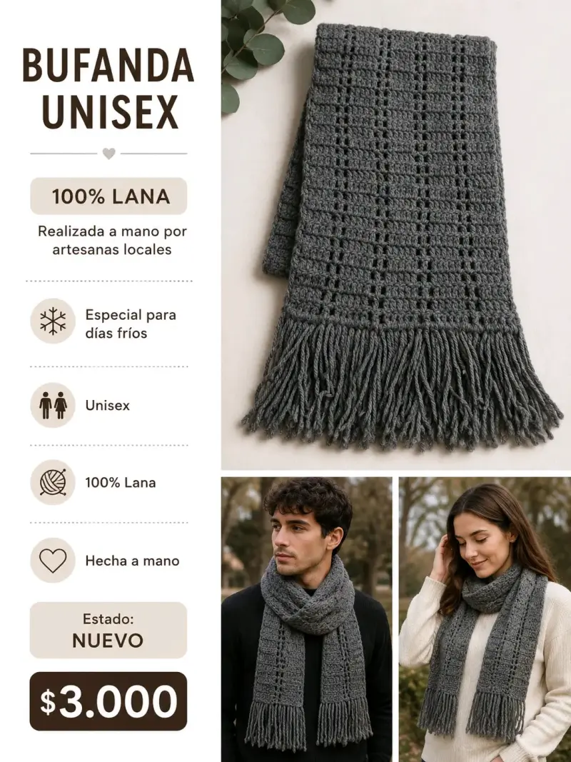 Bufanda gris unisex 100% lana