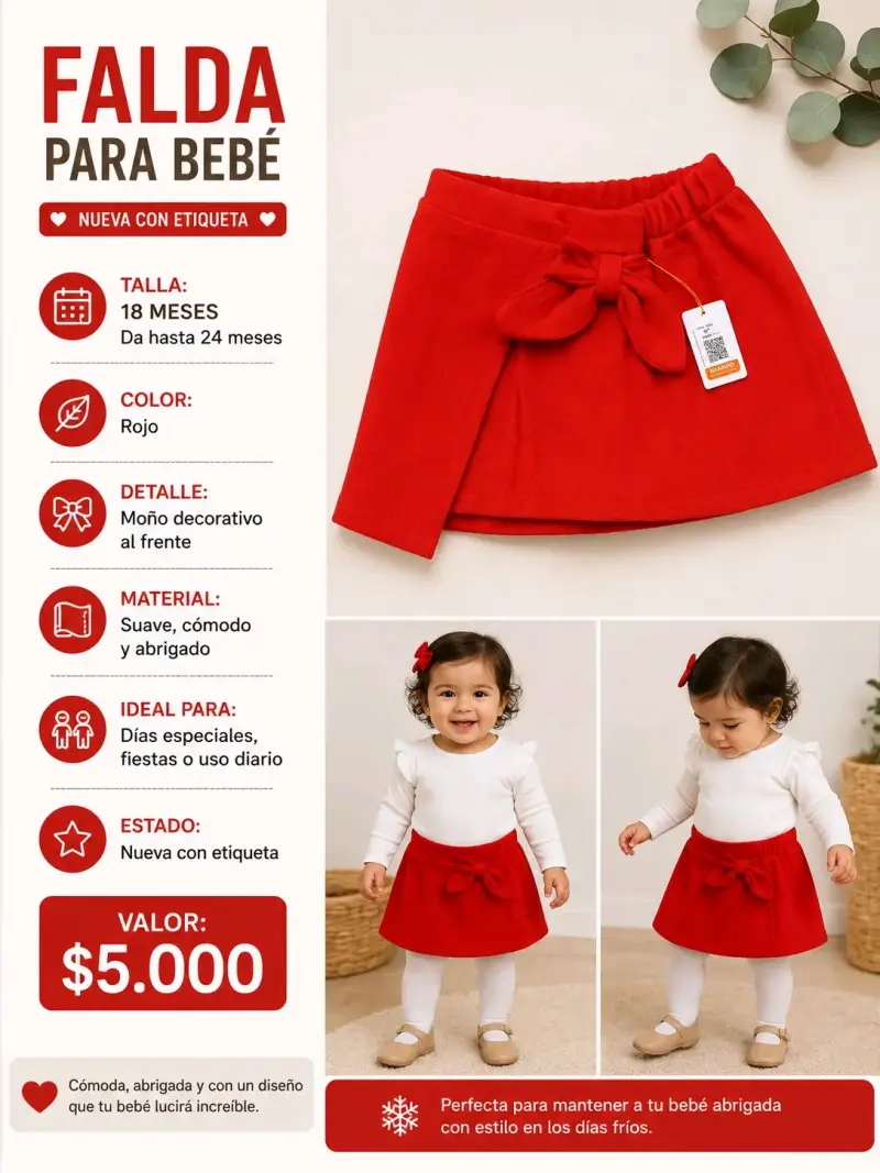 Falda roja de bebé con moño