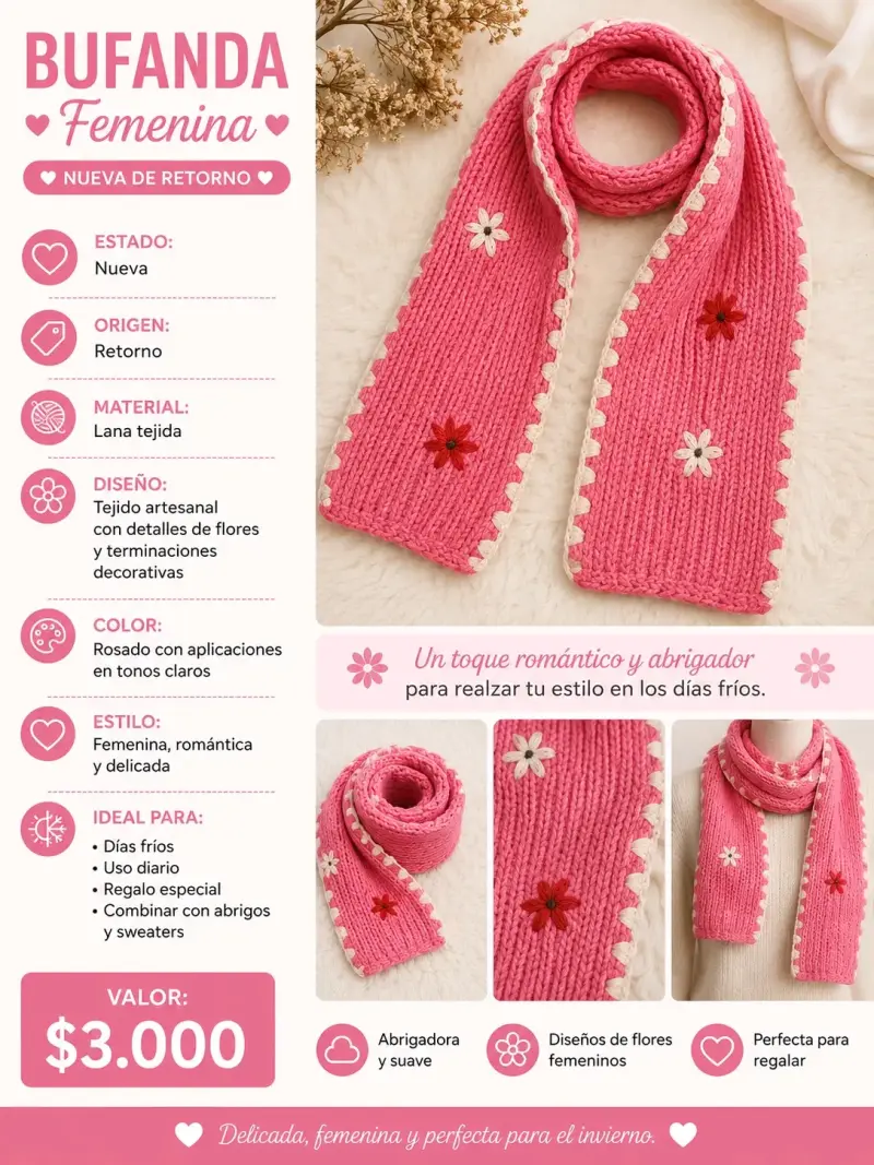 Bufanda femenina artesanal rosa