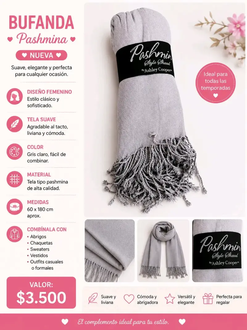 Bufanda Pashmina Gris Nuevo