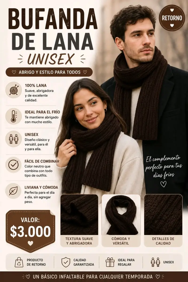Bufanda de lana unisex color café