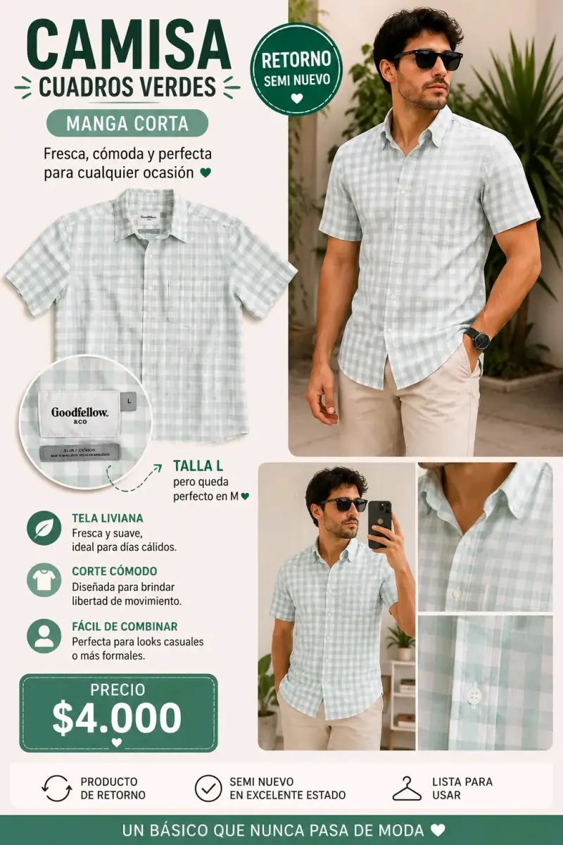 Camisa cuadros verdes manga corta
