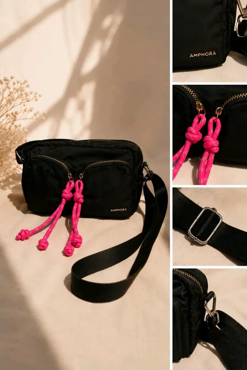 Bandolera negro con detalles rosados