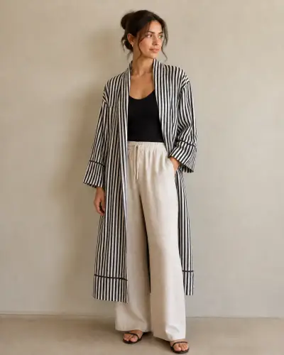 Kimono largo a rayas blanco y negro - miniatura 1
