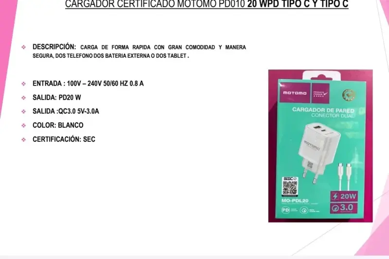 Cargador certificado Motomo 20W