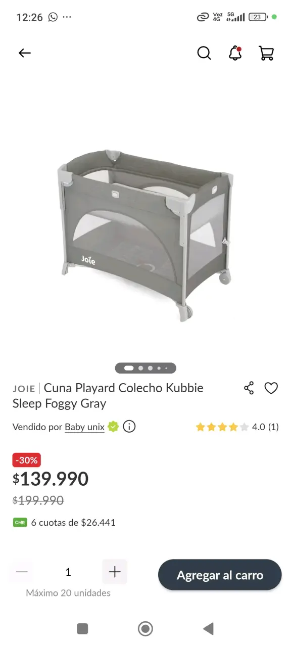 Cuna colecho Joie Kubbie gris