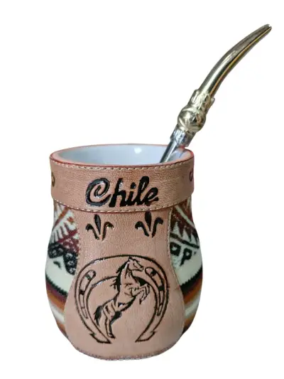 Mate de caramica con aguayo y cuero   con bombilla - miniatura 1
