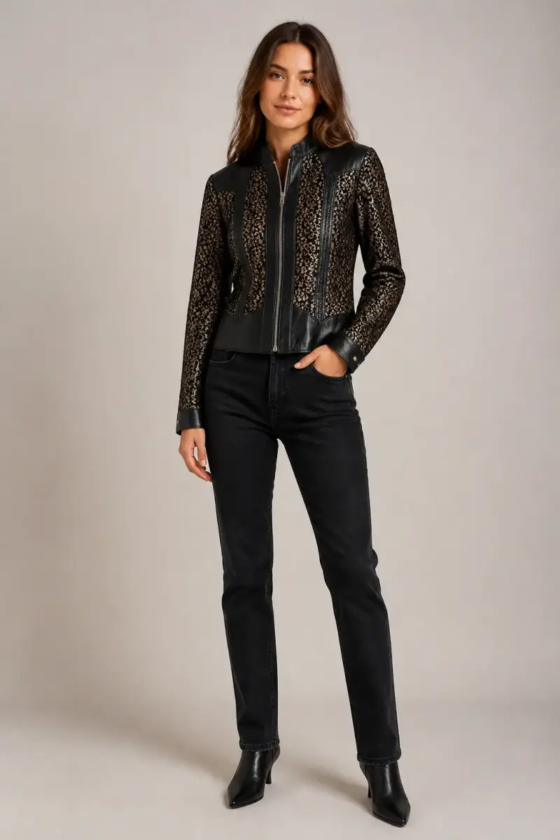 Chaqueta negra encaje con aplicaciones cuero - 1