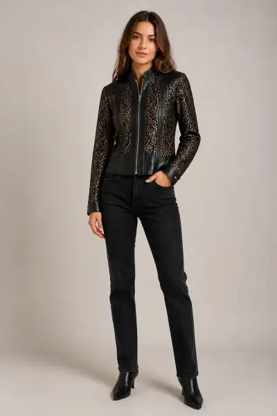 Chaqueta negra encaje con aplicaciones cuero - miniatura 1