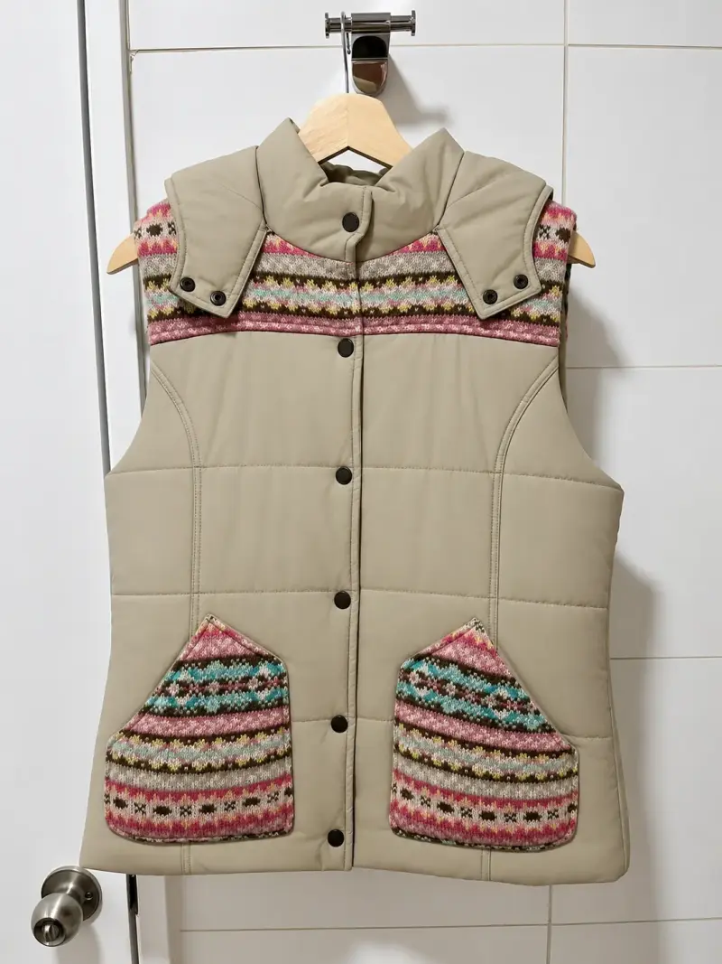 Chaleco acolchado sin mangas beige estampado - 1