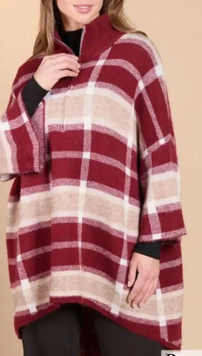 Poncho a cuadros rojos y beige - miniatura 1