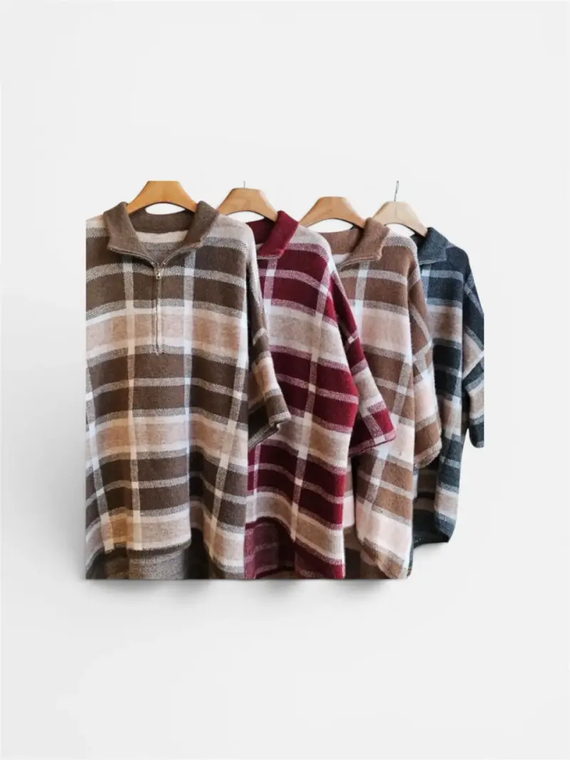 Poncho a cuadros rojos y beige - 3