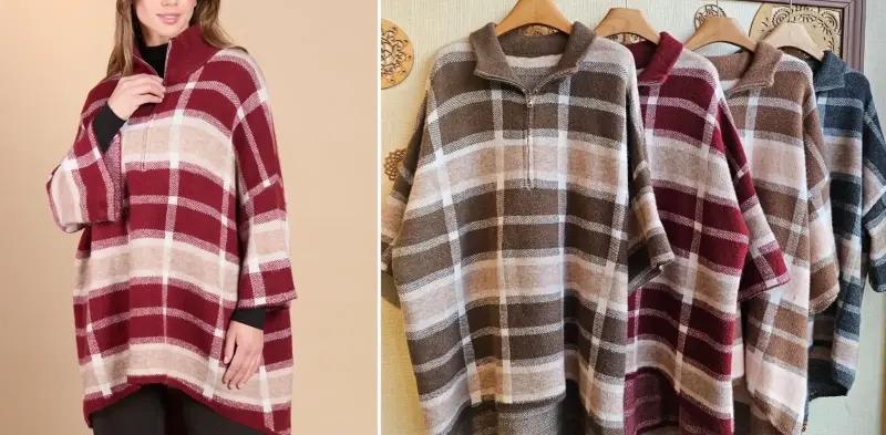 Poncho a cuadros rojos y beige - 5
